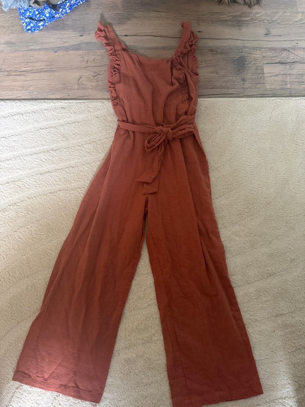 Vanilla Star Rust Ruffle-Shoulder Wide-Leg Jumpsuit with Tie Belt